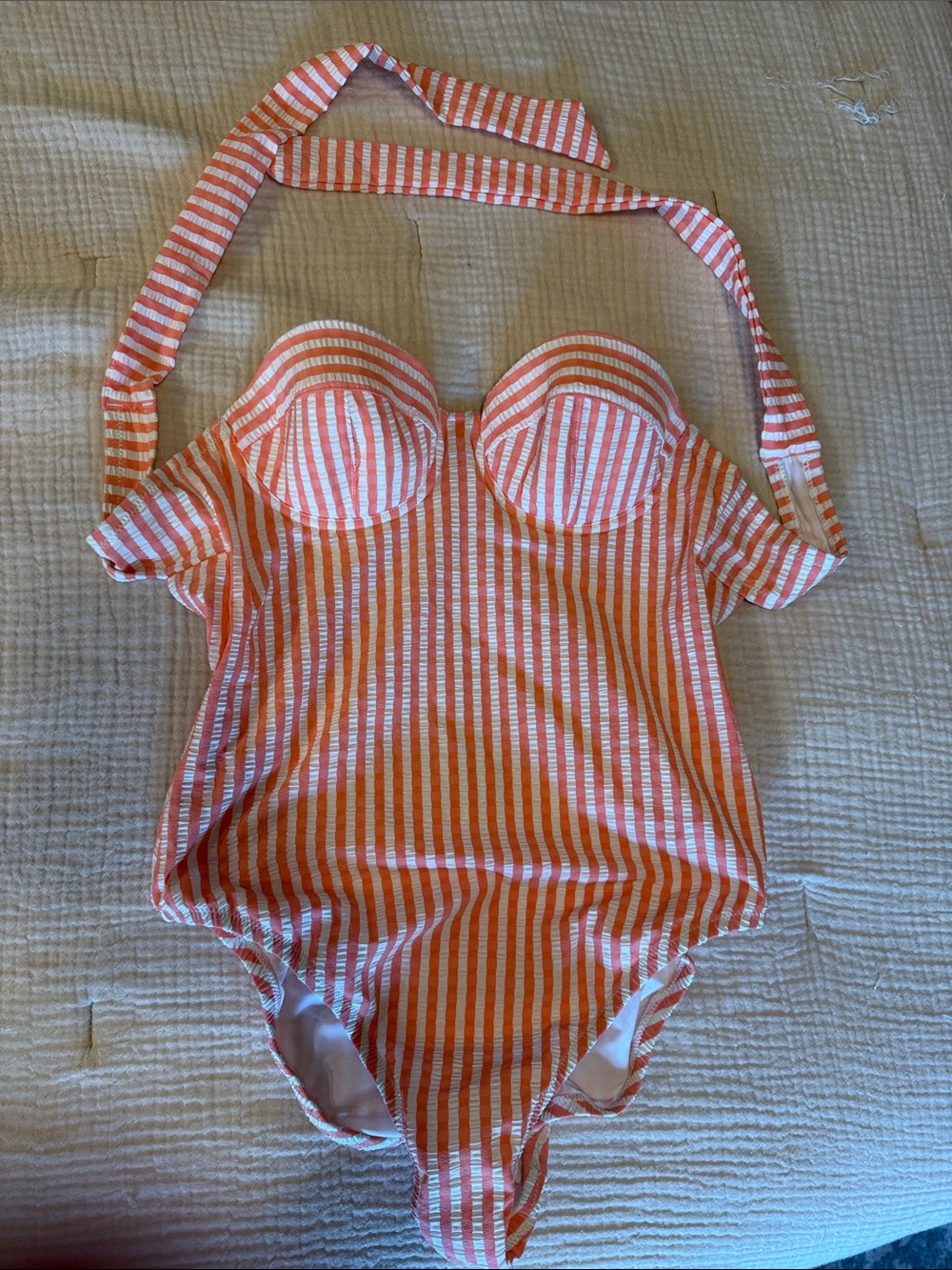 Never worn J. Crew Coral and White Striped Halter Swimsuit. Size 4